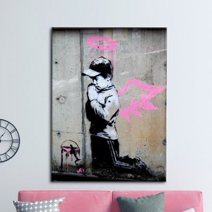 Banksy Angel Boy, Banksy Graffiti Printed, Banksy Pink Wings Wall Decor, Arte abstracto de la pared, Obra de arte del ángel infantil, Obra de arte del ángel Banksy,