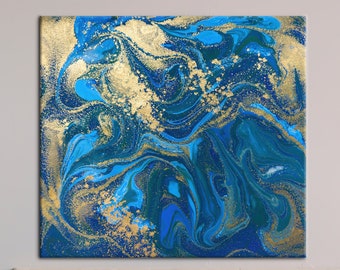 Blue And Gold Wall Art, Luxury Marble Printed, Alcohol Ink Wall Art, Abstract Wall Art, Blue Marble Printed, Shimmery Art, Gold Printed,