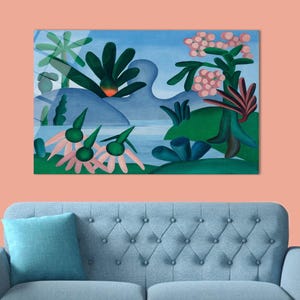 May include: A colorful abstract painting of a landscape with a lake, mountains, and flowers. The artwork features shades of blue, green, pink, and orange. The painting is displayed above a light blue sofa with a matching pillow.