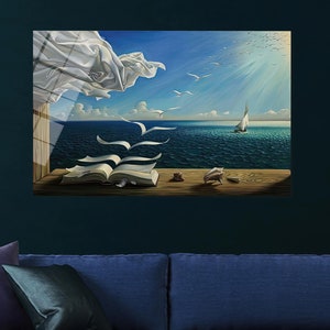 Salvador Dali Book to Birds Glass Printing, Surreal Glass Wall Art, Salvador Dali Glass Wall, Reproduction Glass Wall Art,