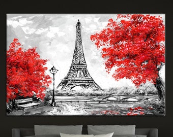 May include: A black and white painting of the Eiffel Tower with red trees on either side. The painting is in a modern style and has a textured look.