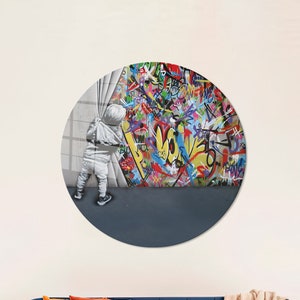 Banksy Colorful Graffiti Tempered Glass,Painting Wall Decor,Glass Wall Art,Glass,Wall Art,Banksy Wall Decoration,