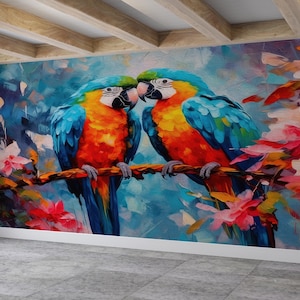 Parrot Painting Print Paper Craft, Animal Wallpaper, Parrot Couple Wall Print, Two Parrot Wall Decor, Gift Wallpaper, Modern Wallpaper,