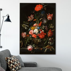 Lienzo de arte floral, decoración de pared de jarrón de flores, arte de lienzo floral vintage, arte de lienzo de flores, arte de jarrón, flores rojas impresas,