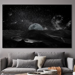 Paisaje de cielo estrellado, arte del paisaje, arte del paisaje del cielo, arte de la vista, decoración de la pared de la galaxia, arte de la luna, impreso del cosmos, cartel de la luna llena,