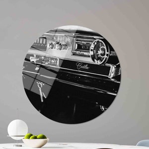 Arte de la pared de vidrio, cartel blanco negro de Cadillac, arte de la pared de vidrio moderno, arte de la pared de la impresión de vidrio personalizado, pared de vidrio del coche viejo, arte de la pared de Cadillac,