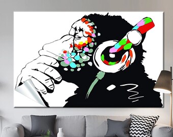 Muurdecoratie aap, muurkunst dj aap, Banksy Thinkin muurkunst aap, muurkunst muziekliefhebber aap, kunstwerk Thinking Monkey,