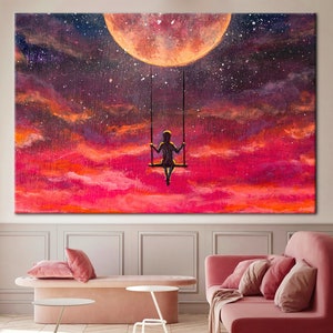 Girl Swinging On A Swing On Full Moon, Abstract Canvas, Girl Wall Art, Abstract Colorful Canvas, Abstract Moon Canvas Art,