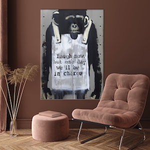 Banksy Canvas Art, Laugh Now Poster, Abstract Art, Monkey Graffiti Wall Decor, Graffiti Canvas Art, Monkey Artwork, Painting Art Canvas,