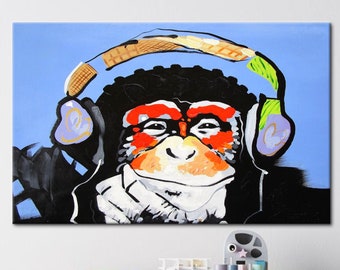 Denkende aap schilderij, canvas hoofdtelefoon chimpansee, Dierenkunst, Muziekkunstwerk, Graffiti-aapposter, Canvaskunst, Apenkunst, Canvaskunst