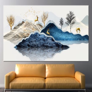 Arte de pared abstracto, ciervo impreso, cartel de vista, arte de pared de ciervos, arte de lienzo de paisaje, arte de pared de ciervo dorado, lienzo de arte animal,
