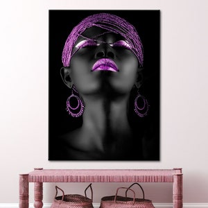 Shimmery Canvas, African Woman Art, Purple Lip Artwork, Luxury Wall Art, Purple And Black Art Canvas, Ethnic Artwork,