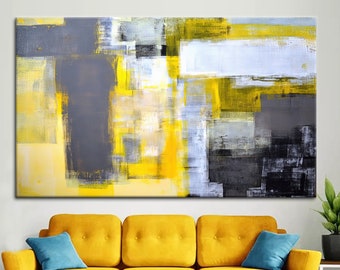 Yellow And Gray Painting, Trendy Art, Minimal Canvas, Modern Canvas Art, Gray Wall Decor, Yellow Art, Abstract Canvas,