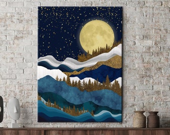 May include: Abstract landscape painting with a full moon, stars, and mountains in shades of blue, white, and gold.