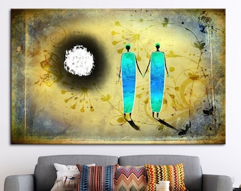 African Couple And Full Moon, Abstract Couple Wall Art, African Landscape Printed, Moon Landscape Art Canvas, African Couple Wall Art,