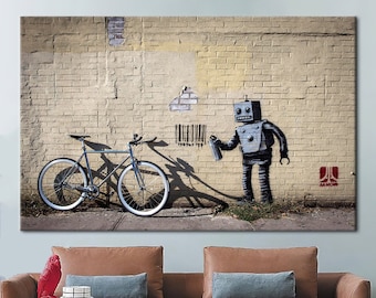 Abstract Printed, Robot And Bicycle Poster, Banksy Art, Banksy Robot Printed, Painting Wall Art, Barcode Robot Wall Art,