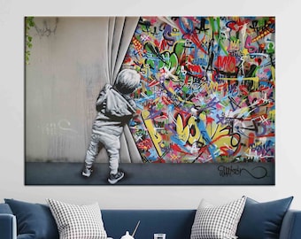 Painting Art Canvas, Banksy Colorful Graffiti Printed, Kid Graffiti Printed, Behind the Curtain Printed, Martin Watson Art,