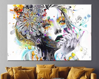 May include: Abstract painting of a woman's face with colorful flowers and designs. The woman has green eyes and green lipstick. The background is white.