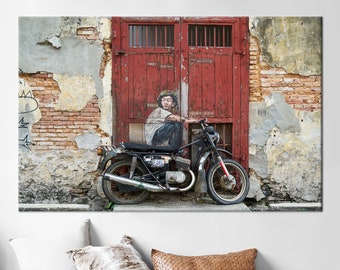 Children On Bicycle Art Canvas, George Town Art, Modern Canvas Art, Abstract Wall Art, Graffiti Wall Art, Children On Bike Canvas Art,