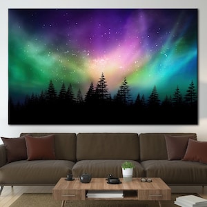 Lienzo de silueta de bosque, lienzo espacial, arte de la luz del norte, lienzo del cielo, cielo estrellado impreso, lienzo de paisaje, lienzo de arte de aurora boreal