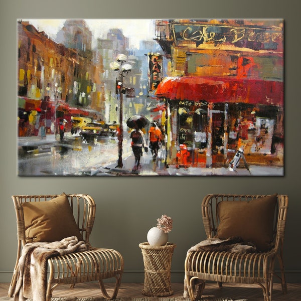Cafe Canvas, Abstract Wall Art, Street Poster, Umbrella Printed, Landscape Art, Modern Canvas, Oil Painting Print, Cityscape Canvas,