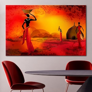 Decorazione murale con donna africana, decorazione murale con paesaggio desertico, decorazione murale con donna nera, tela d&#39;arte africana, opera d&#39;arte con paesaggio africano,