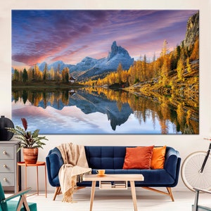 Arte de otoño, cartel de dolomitas, arte de puesta de sol, lago impreso, lienzo de bosque, lienzo de naturaleza, arte de vista, arte de lago Federa,