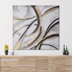 Pintura dorada y plateada, lienzo gris, póster abstracto, arte de pared contemporáneo, decoración de pared brillante, lienzo de arte moderno,