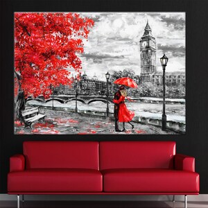 Romantic Art, Lovely Wall Art, London Art Canvas, Big Ben Artwork, Red Umbrella Wall Art, Valentine Canvas Art, Umbrella Canvas Art,