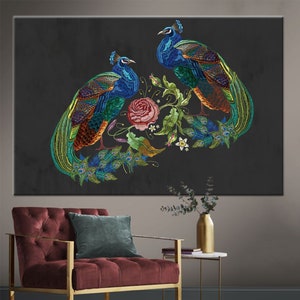 Embroidery Peacock Canvas Print, Embroidery Wall Decor, Modern Poster, Abstract Wall Decor, Vintage Printed, Peacock Art Canvas,