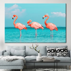 Póster de paisaje marino, póster de verano, decoración de pared de pájaros, estampado de moda, lienzo de flamenco, arte de pared de pájaro rosa, póster de mar,