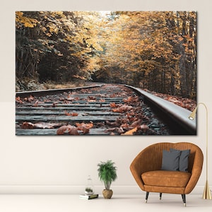 Vía de tren impresa, bosque impreso, vista impresa, hojas de otoño impresas, lienzo de naturaleza, lienzo de ferrocarril, ilustraciones de hojas, lienzo de árbol,