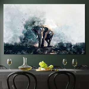 Watercolor Elephant Painting, Contemporary Printed, Elephant Artwork, Animal Art Canvas, Alone Elephant Wall Art, Watercolor Canvas,