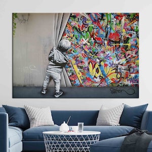 Painting Art Canvas, Banksy Colorful Graffiti Printed, Kid Graffiti Printed, Behind the Curtain Printed, Martin Watson Art,