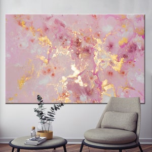 Arte de mármol rosa, arte de tinta de alcohol, arte de lienzo de mármol dorado, decoración de pared contemporánea, lienzo de arte dorado, arte de pared rosa,
