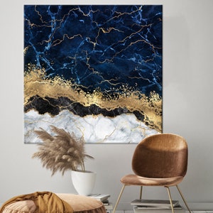 Gold Artwork, Blue Wall Art, Alcohol Ink Wall Art, Abstract Canvas Art, Modern Printed, Navy Blue Printed, ContemporaryMarble Printed,