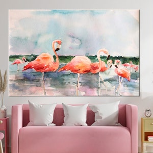 Arte tropical, arte abstracto, arte de pared animal, lienzo de flamenco, arte de aves, acuarela impresa, flamenco rosa impreso, arte moderno,