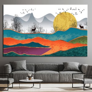 Paisaje abstracto colorido, cartel de bosque abstracto, lienzo de arte de montaña, arte de ciervos, impreso contemporáneo, arte de lienzo de moda,