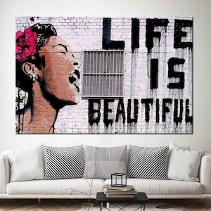 Graffiti Art Canvas, Woman Graffiti Art, Life Is Beautiful Canvas, Banksy Woman Printed, Painting Poster, Street Art,