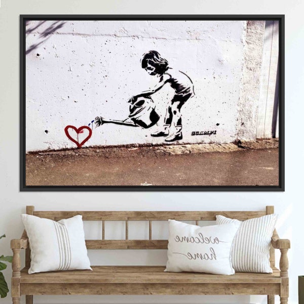 Banksy Love Heart Art, Banksy Children Water to Love Heart Canvas, Banksy Love Canvas, Abstract Canvas, Gepersonaliseerde Geschenken, Ingelijst Canvas,