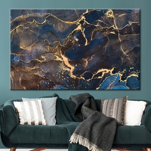 Navy Blue And Gold Marble, Modern Artwork, Luxury Marble Artwork, Modern Marble Canvas, Contemporary Printed, Abstract Wall Art,