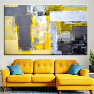 Pintura amarilla y gris, decoración de pared gris, arte abstracto de pared amarillo y gris: lienzo geométrico moderno para una elegante decoración de sala de estar.