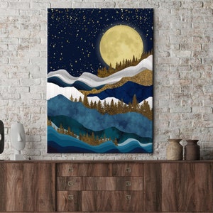 Arte de paisaje natural, decoración de pared de paisaje de montaña abstracta, paisaje nocturno impreso, arte de lienzo de montaña, decoración de pared de vista,