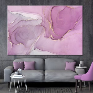 Decoración de pared contemporánea, arte de mármol rosa, arte de lienzo de mármol dorado, decoración de pared de tinta de alcohol, arte de pared abstracto, arte de lienzo dorado,