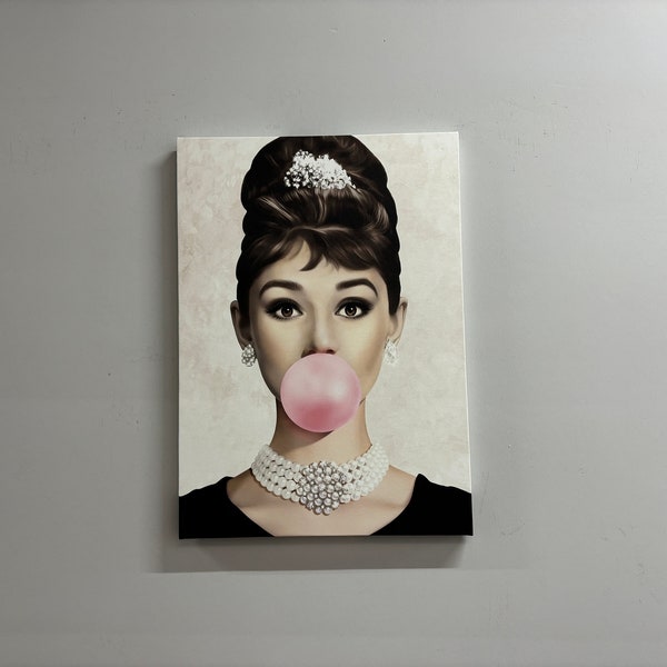 Audrey Hepburn Bubble Gum Print, Woman Poster, Famous Canvas Art, Trendy Printed, Audrey Hepburn Art, Pink Bubble Gum Art, Fashion Art,