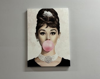 Audrey Hepburn Bubble Gum Print, Woman Poster, Famous Canvas Art, Trendy Printed, Audrey Hepburn Art, Pink Bubble Gum Art, Fashion Art,