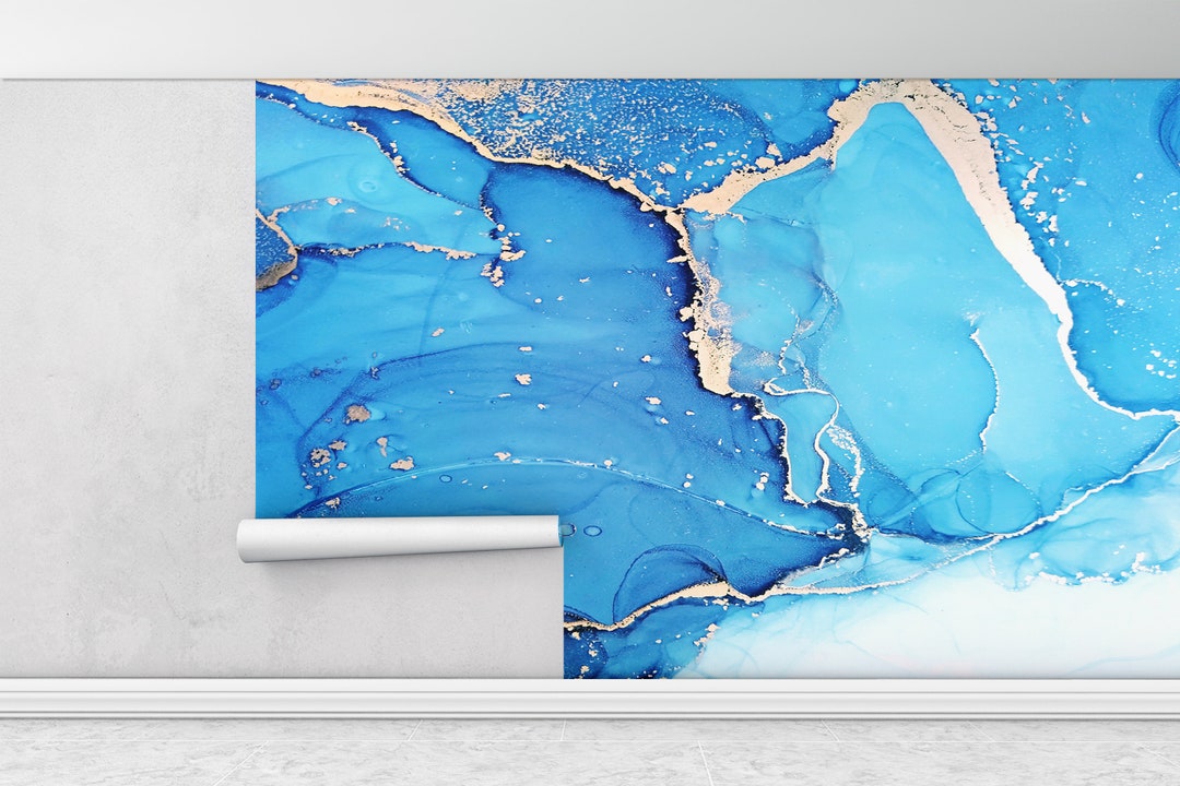 Modern Wall Paper Silver Marble Wall Art Blue and Silver Etsy