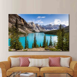 Lienzo decorativo de lago y montaña, póster de paisaje natural, impresión de agua turquesa, decoración de paisajes silvestres, decoración de pared de Banff, Alberta.