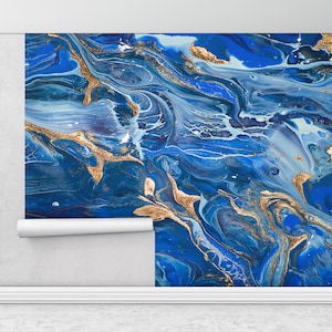 Murale contemporaneo, Murale blu navy, Murale moderno, Pittura murale luccicante, Murale d'oro, Decorazione parete blu,