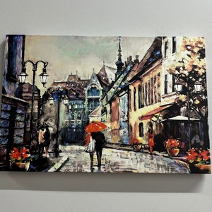 Lovers Under The Red Umbrella, View Poster, Red Umbrella With Lovers Canvas Art, Valentine Gift Wall Art, City Landscape Printed,